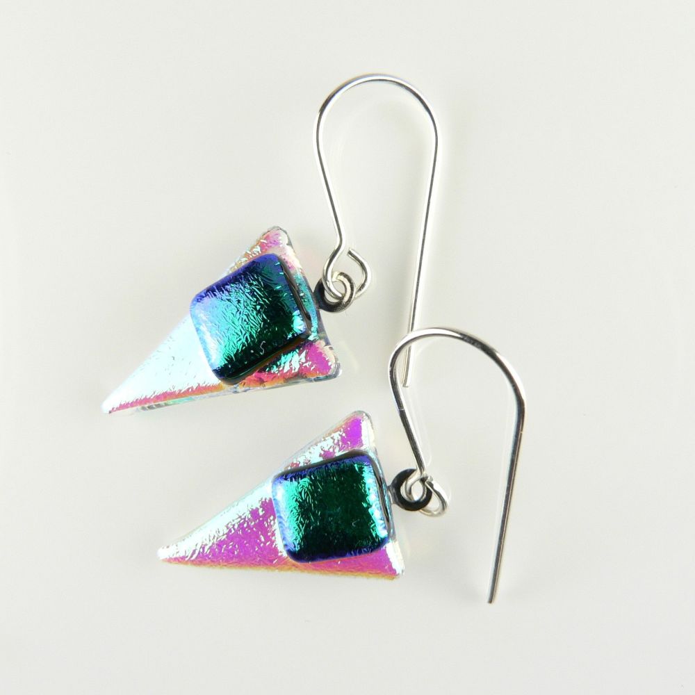 Dark turquoise genuine Dichroic glass drop earrings with sterling silver wires (#8844)