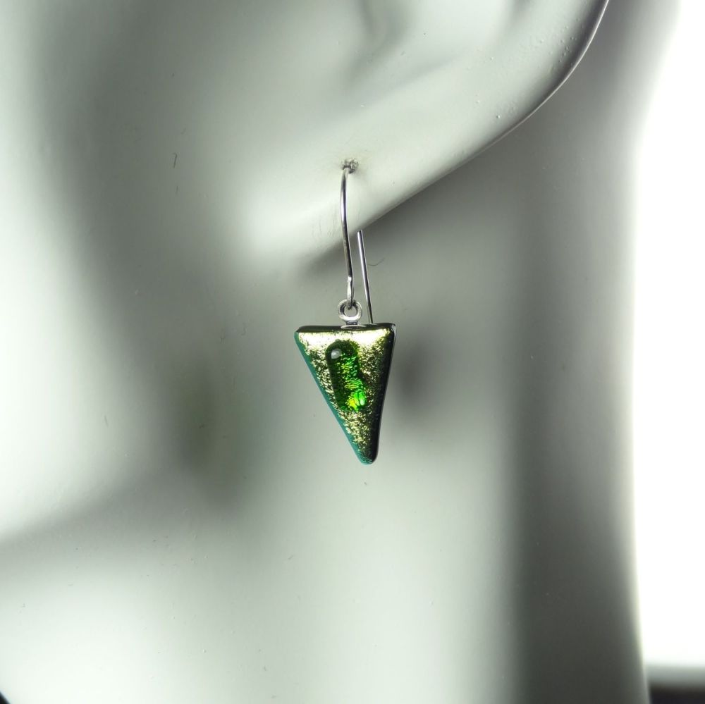 Green Dichroic glass earrings with sterling silver wires (#8775)