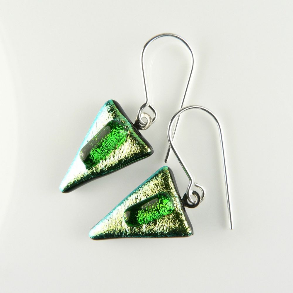 Green Dichroic glass earrings with sterling silver wires (#8775)