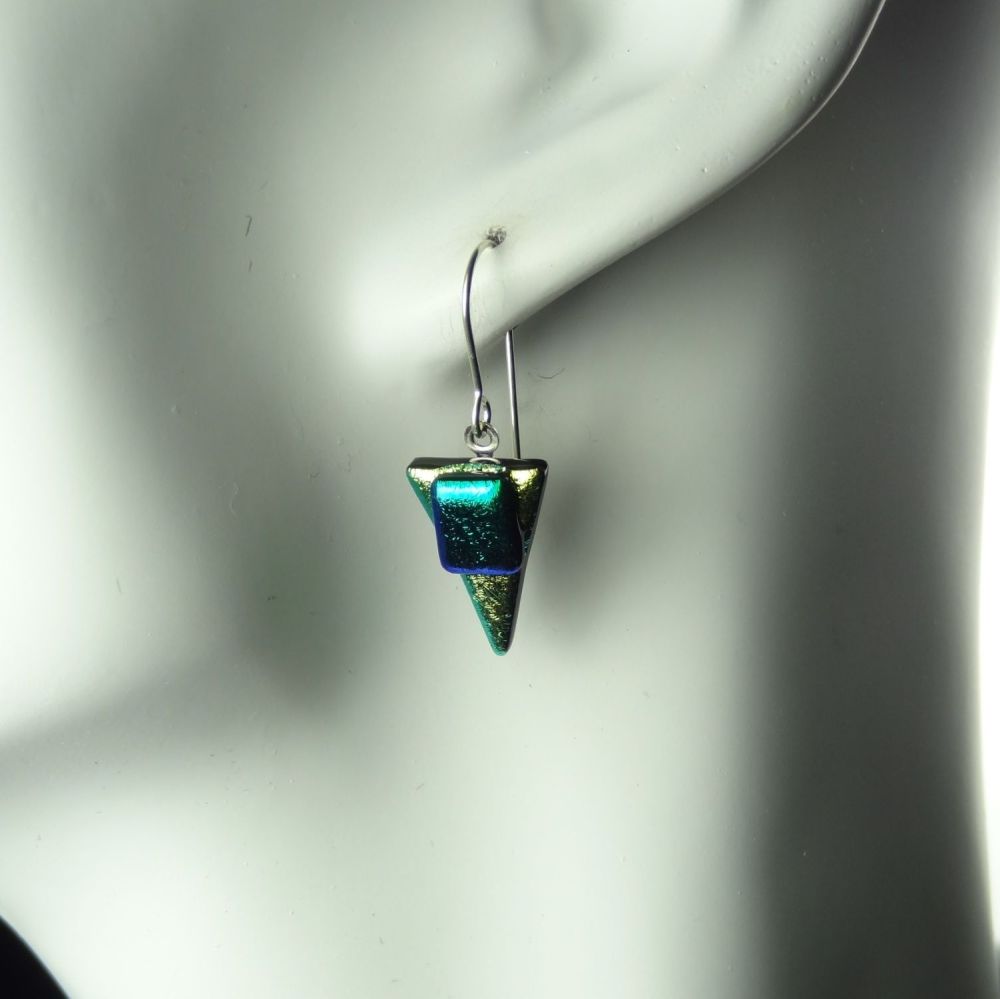 Green genuine Dichroic glass earrings with sterling silver wires (#8743)