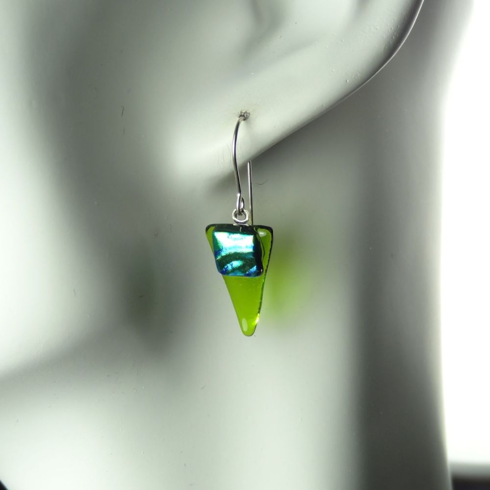 Green genuine Dichroic glass drop earrings with sterling silver wires (#8798)