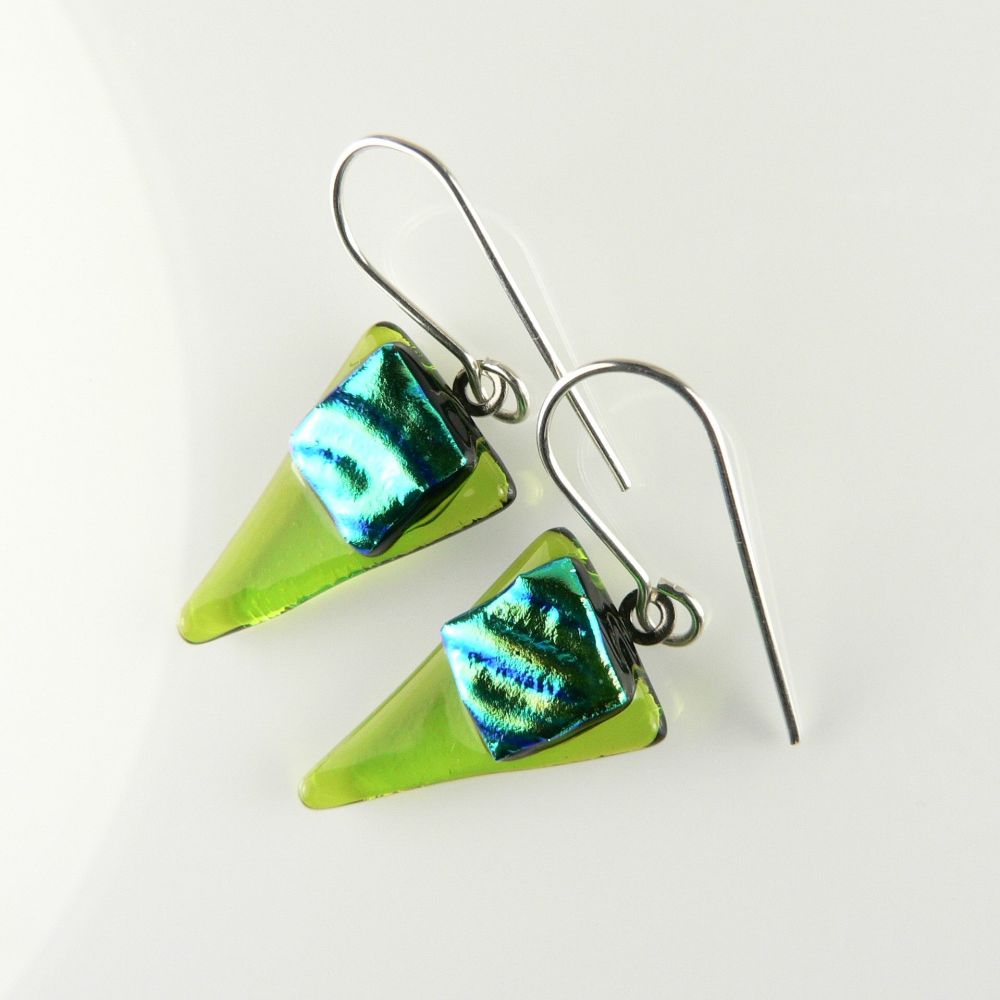 Green genuine Dichroic glass drop earrings with sterling silver wires (#8798)