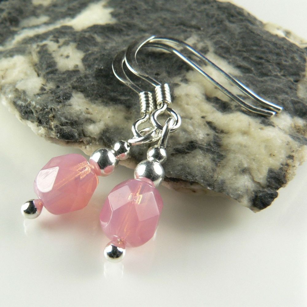 Milky pink fire polished czech glass earrings