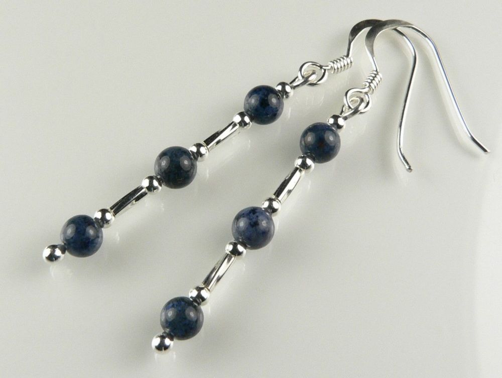 Sterling silver & 4mm (+/-) Dumortierite semi-precious stone drop earrings, with twists, in a gift box