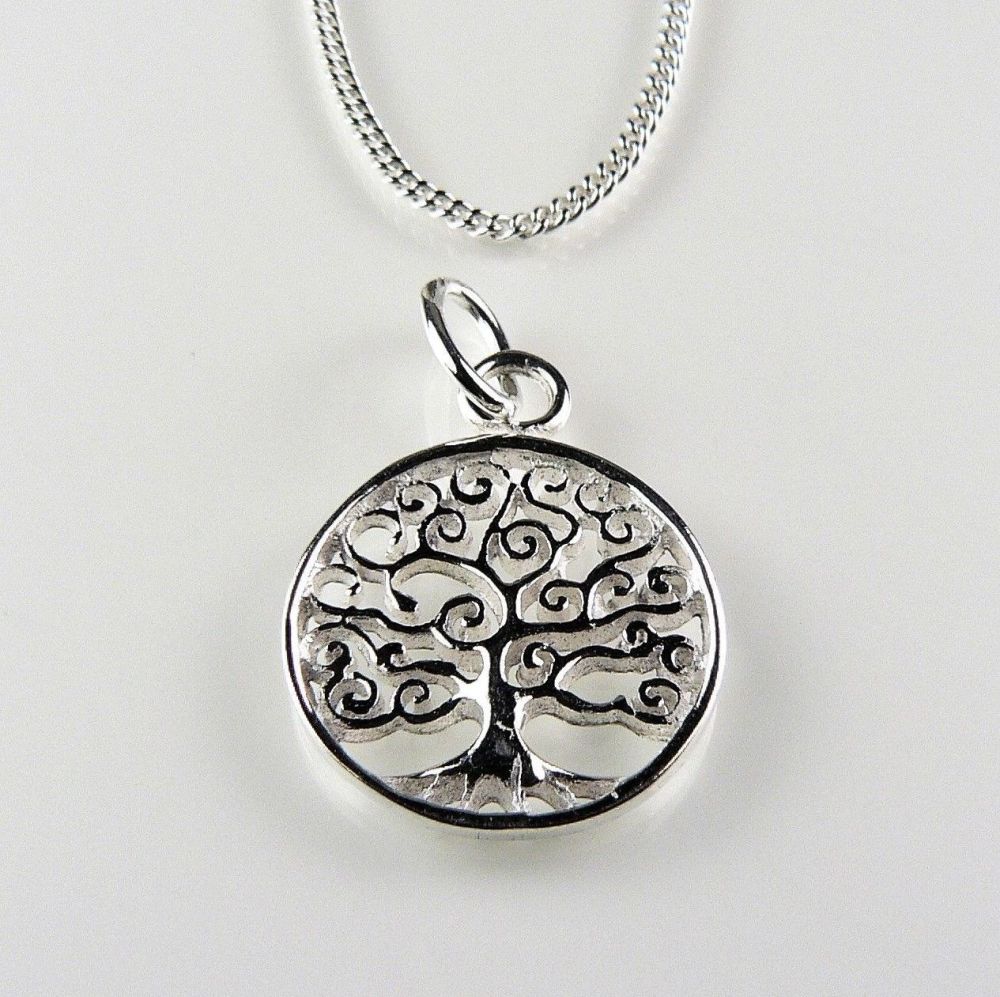 With/out 16" or 18" fine curb chain, sterling silver 12mm Tree of Life pendant, in a gift box (C)