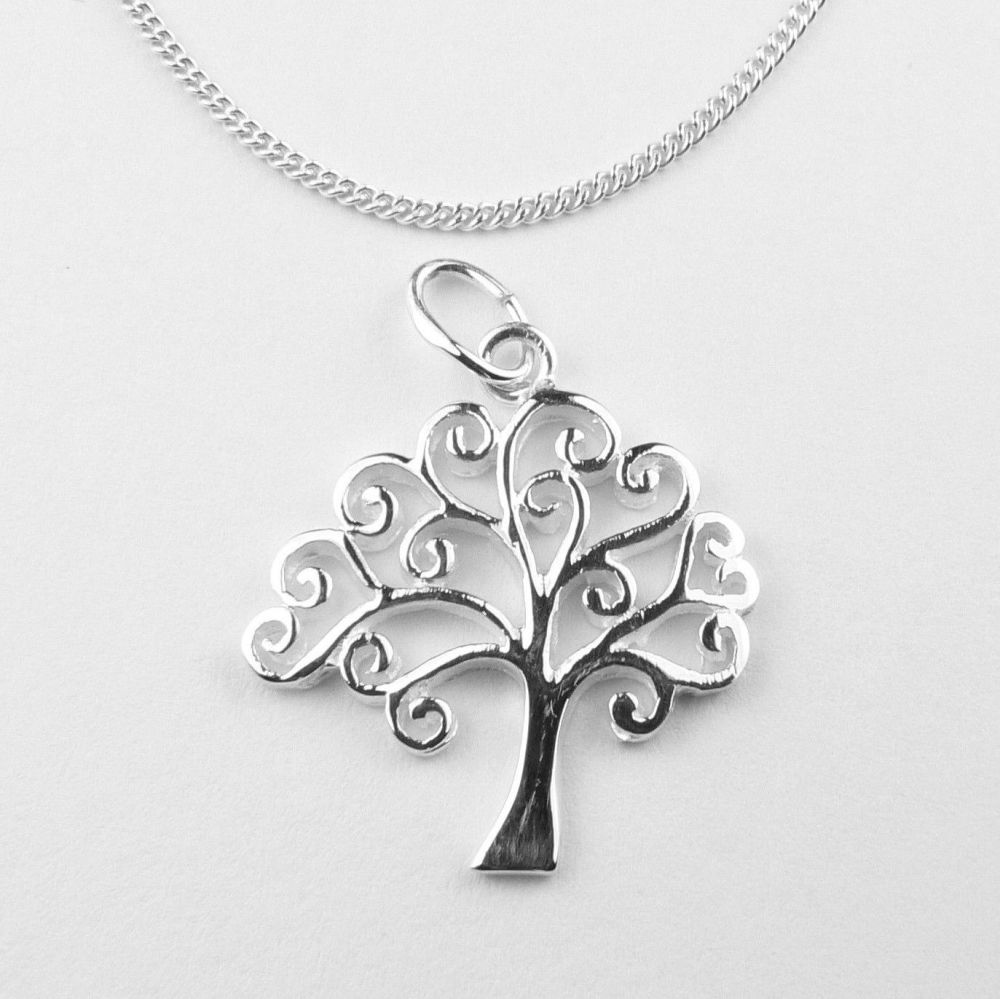 With/out 16" or 18" fine curb chain, sterling silver 17mm Tree of Life pendant, in a gift box (open)