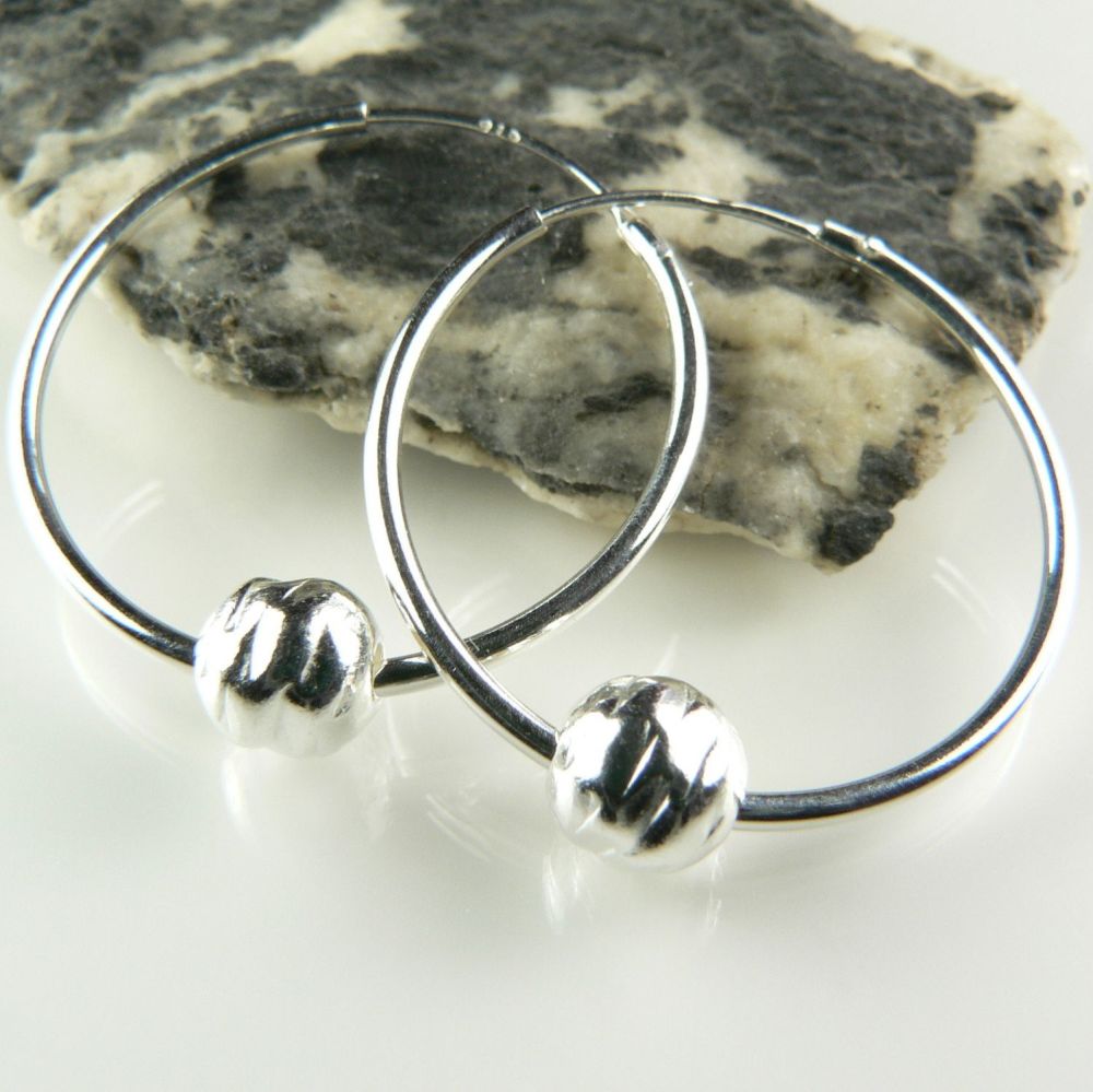 6mm hammered/textured sterling silver beads, on 24mm hoop earrings, in a gift box