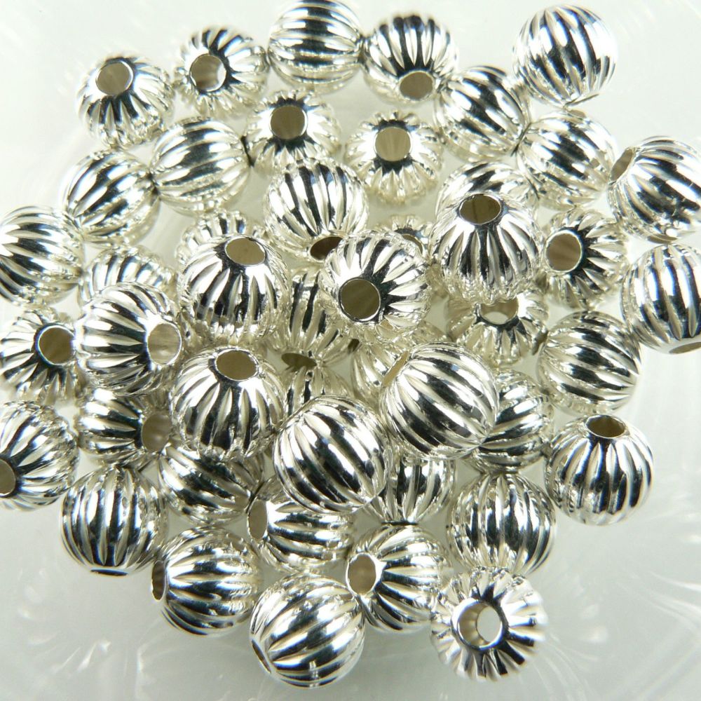 6mm fluted/ribbed sterling silver beads, on 24mm hoop earrings, in a gift box