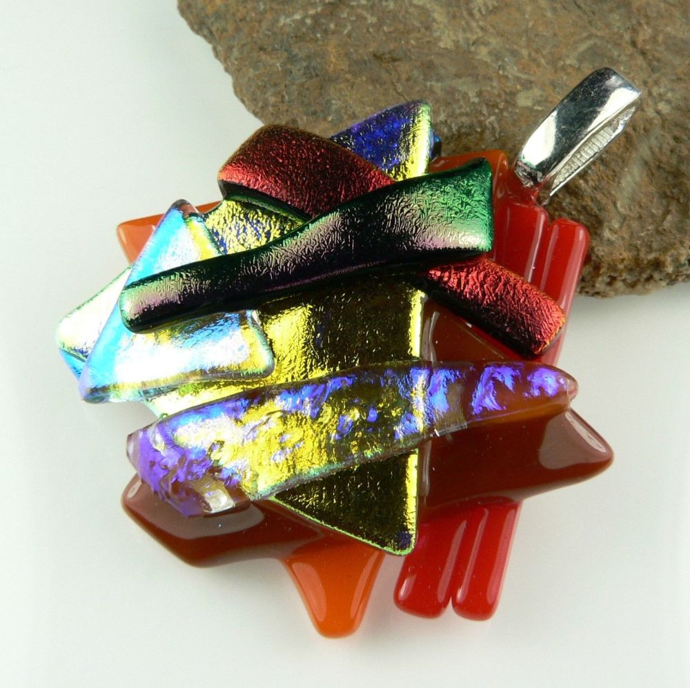 4.4cm textured, multi-coloured, Dichroic glass pendant, with leather cord & gift box (#30202)