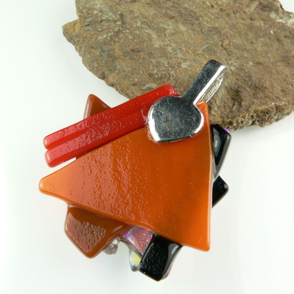 4.4cm textured, multi-coloured, Dichroic glass pendant, with leather cord & gift box (#30202)