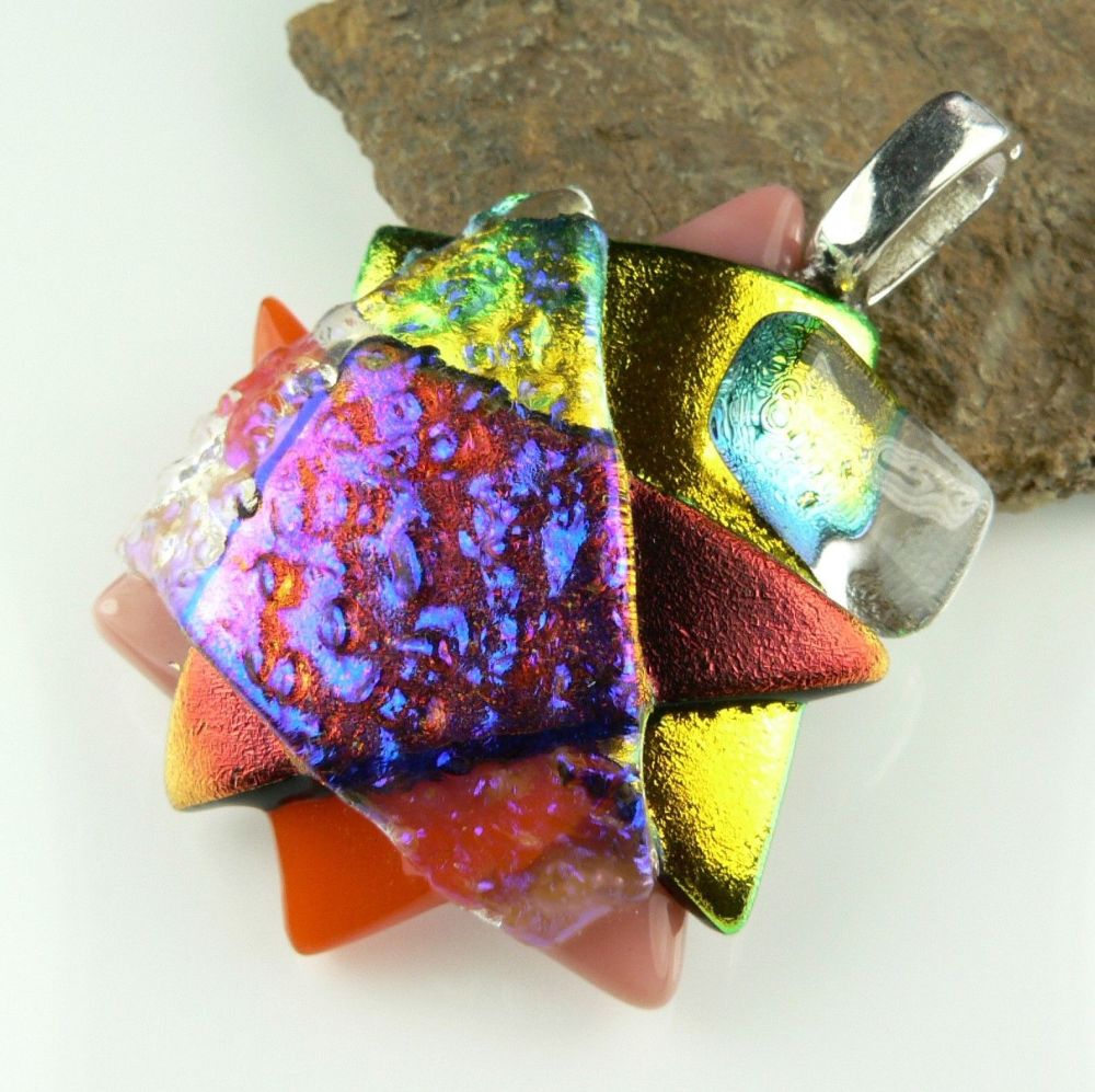 4.6cm textured & multi-coloured Dichroic glass pendant, with leather cord & gift box (#30484)