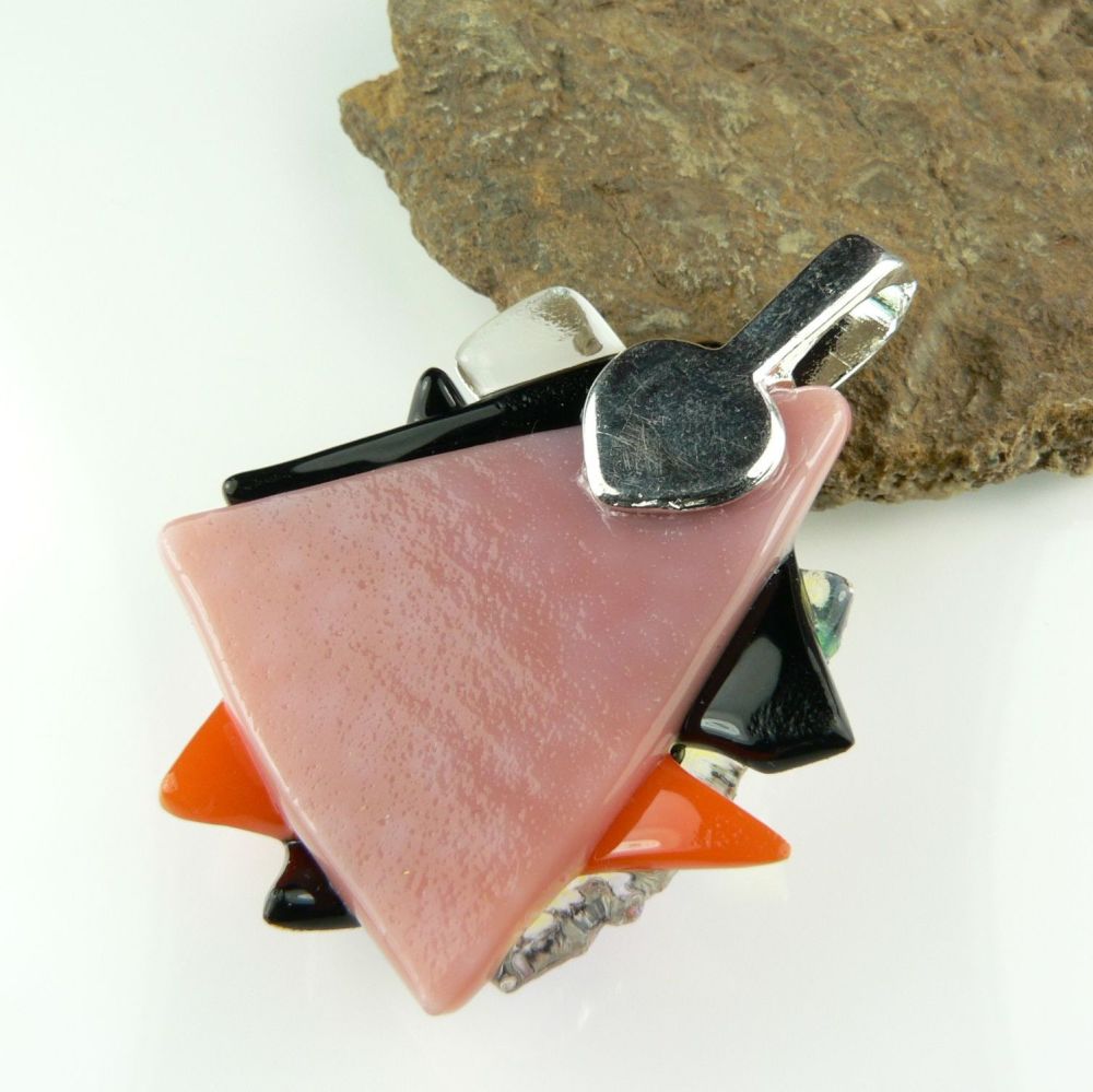 4.6cm textured & multi-coloured Dichroic glass pendant, with leather cord & gift box (#30484)