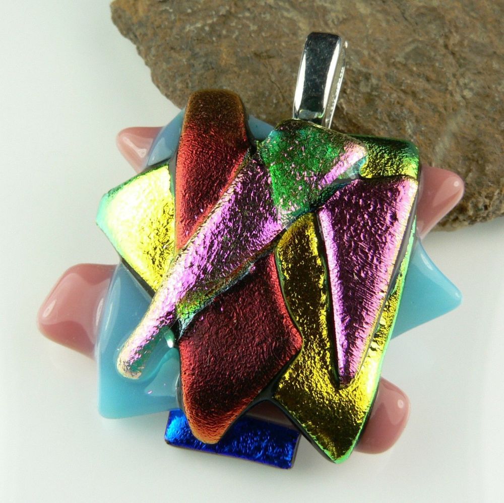 4cm textured & multi-coloured Dichroic glass pendant, with leather cord & gift box (#30498)
