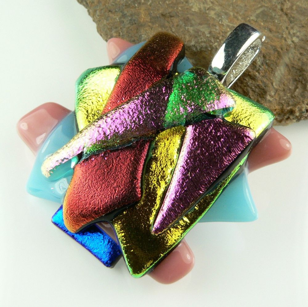 4cm textured & multi-coloured Dichroic glass pendant, with leather cord & gift box (#30498)