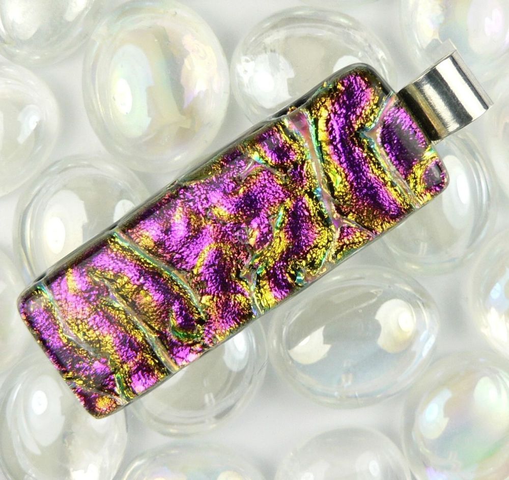 4.6cm pink sterling silver Dichroic glass pendant, with leather cord & gift box (#10671)