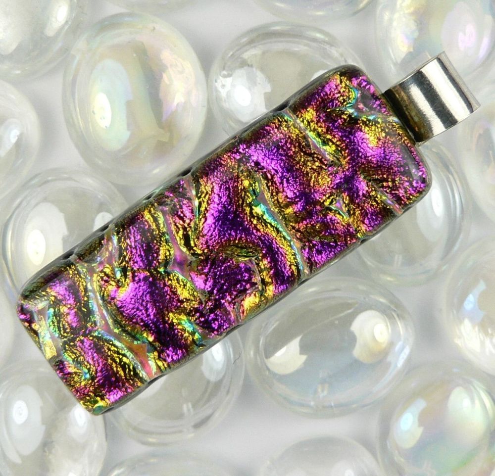 4.6cm sterling silver Dichroic glass pendant, with leather cord & gift box (#10748)