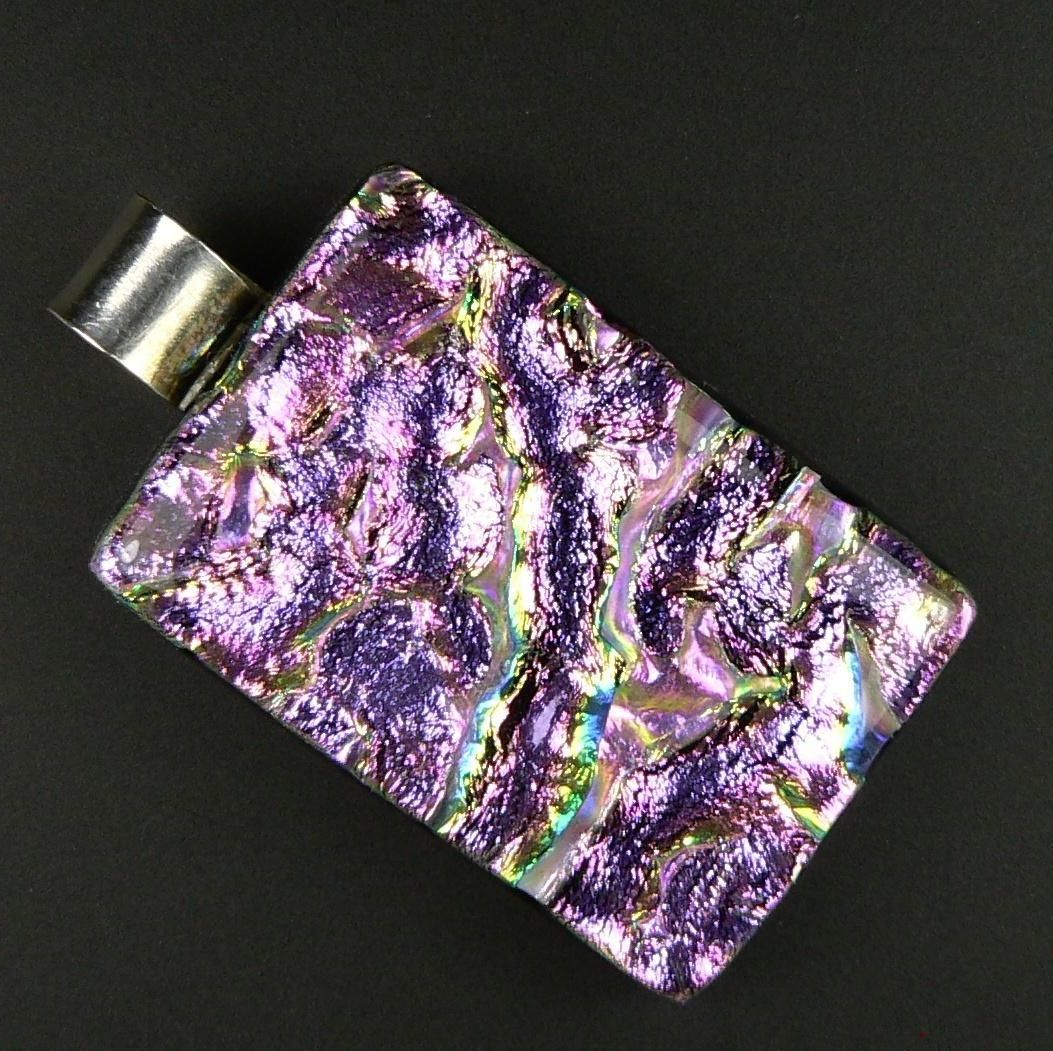 3.9cm pink sterling silver Dichroic glass pendant, with leather cord & gift box (#20984)