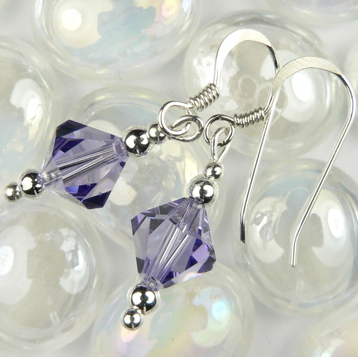 Handmade sterling silver and 8mm bicone Swarovski Elements earrings in Tanzanite