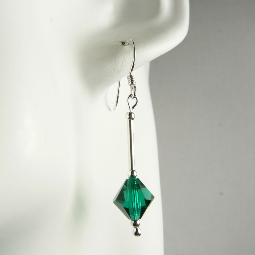 Sterling silver Emerald bicone Preciosa crystal earrings, in a gift box - glass bead 8mm (+/-)
