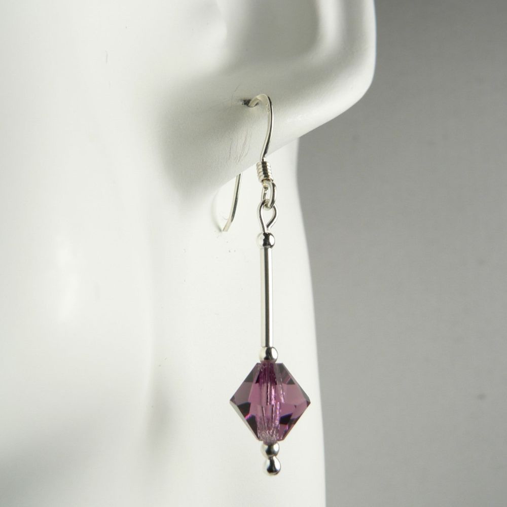 Sterling silver Amethyst bicone Preciosa crystal earrings, in a gift box - glass bead 8mm (+/-)