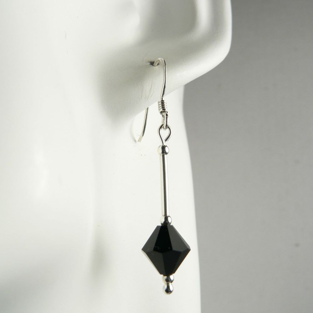 Sterling silver Jet bicone Preciosa crystal earrings, in a gift box - glass bead 8mm (+/-)