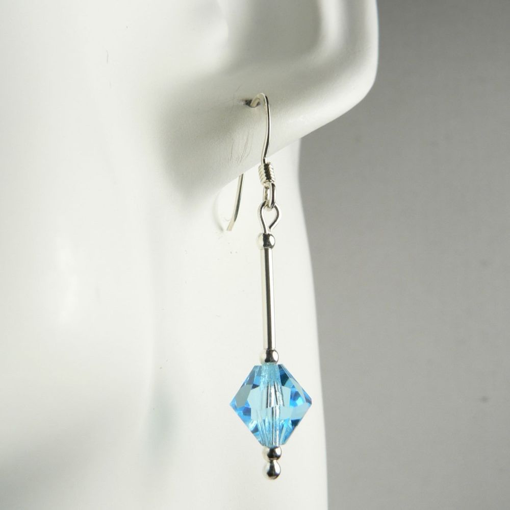 Sterling silver Aqua bicone Preciosa crystal earrings, in a gift box - glass bead 8mm (+/-)