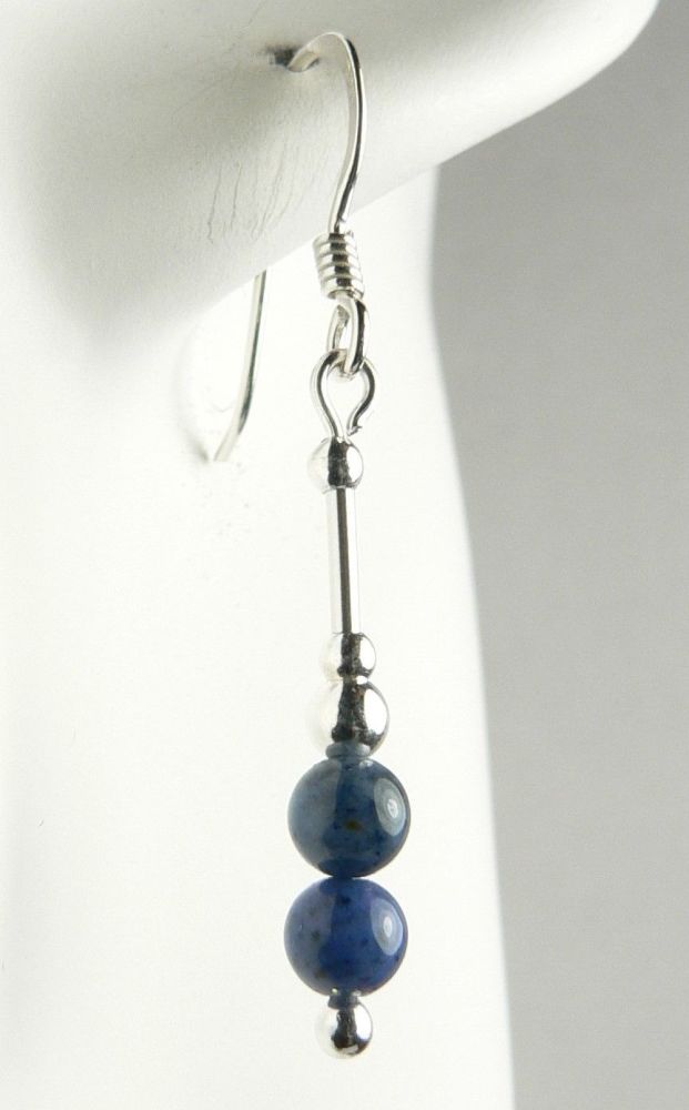 Sterling silver & 4mm (+/-) Dumortierite semi-precious stone drop earrings, in a gift box (M)