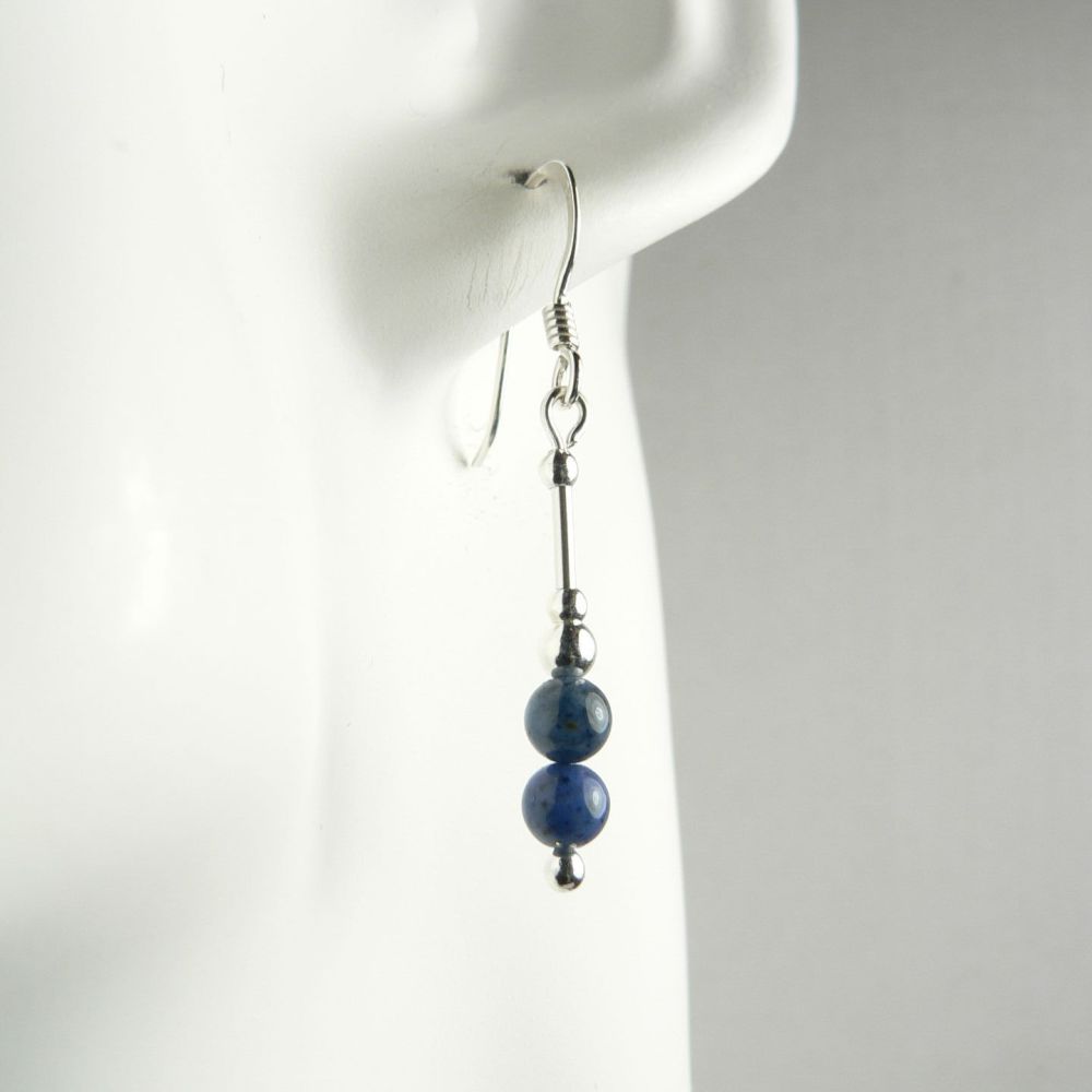 Sterling silver & 4mm (+/-) Dumortierite semi-precious stone drop earrings, in a gift box (M)