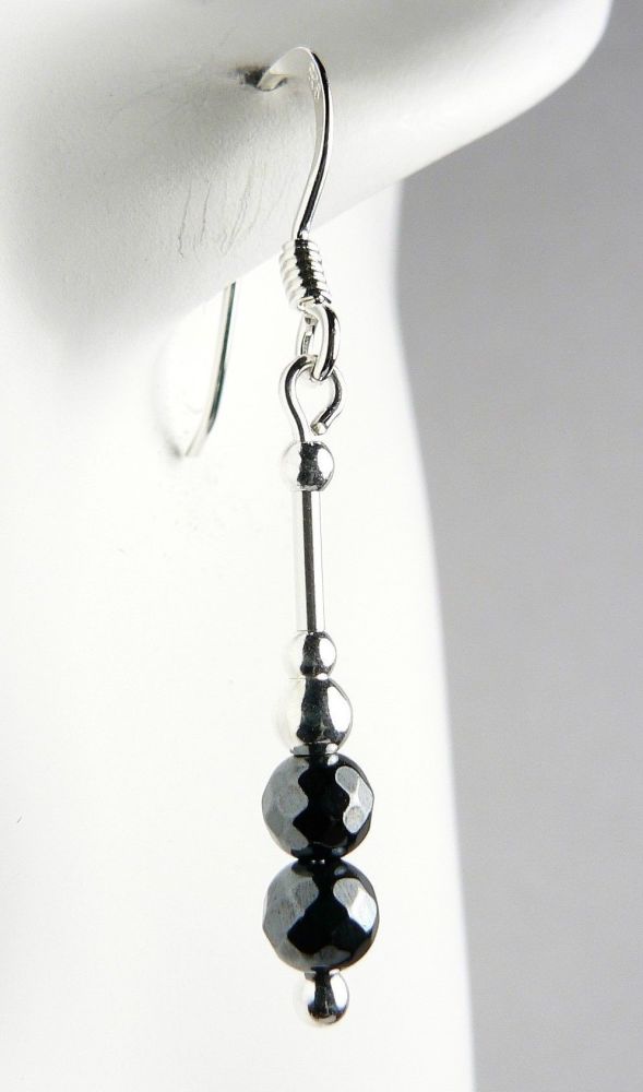 Sterling silver & 4mm (+/-) faceted Hematite semi-precious stone drop earrings, in a gift box (M)