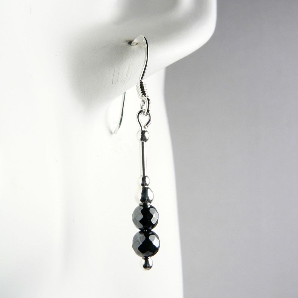 Sterling silver & 4mm (+/-) faceted Hematite semi-precious stone drop earrings, in a gift box (M)