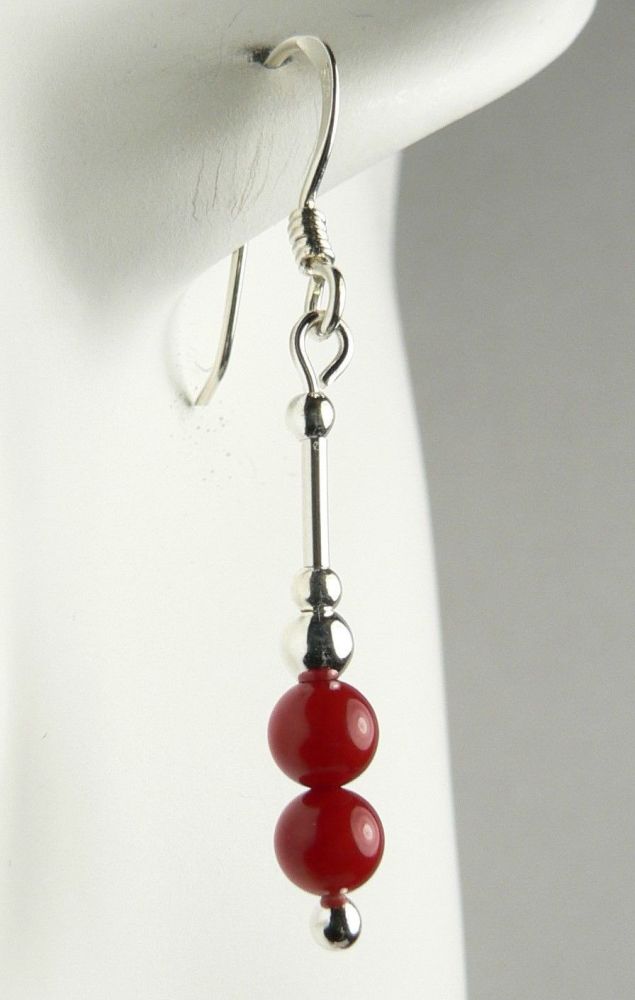 Sterling silver & 4mm (+/-) Red Bamboo Coral (farmed/coloured) semi-precious stone drop earrings, in a gift box (M)