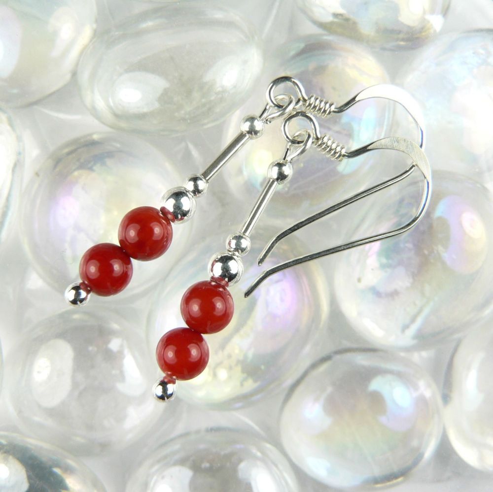 Sterling silver & 4mm (+/-) Red Bamboo Coral (farmed/coloured) semi-precious stone drop earrings, in a gift box (M)