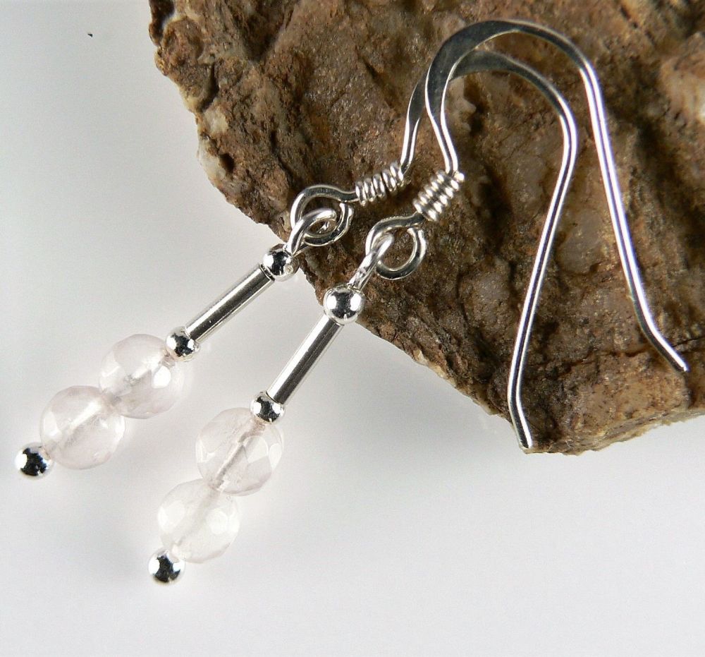 faceted 4mm pale pink rose quartz earrings