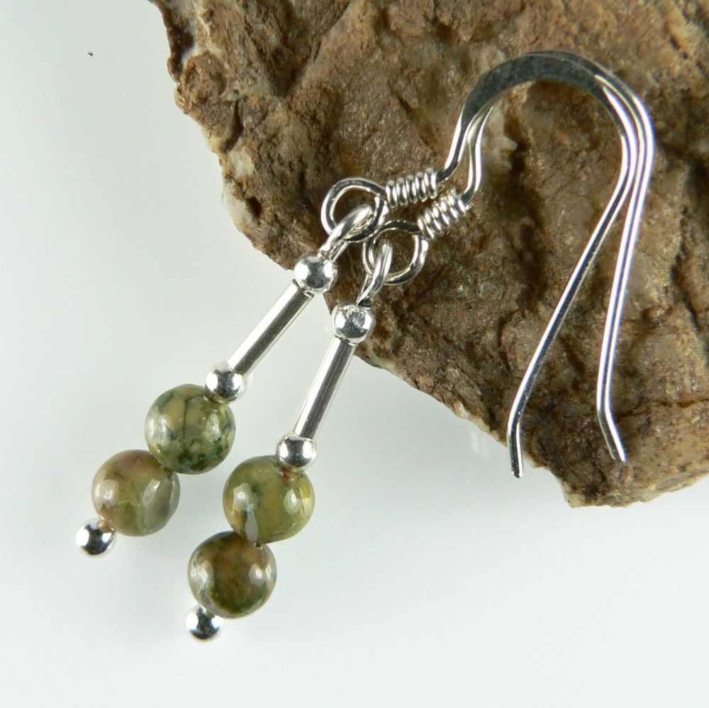 Sterling silver & 4mm (+/-) Rhyolite semi-precious stone drop earrings, in a gift box (M)