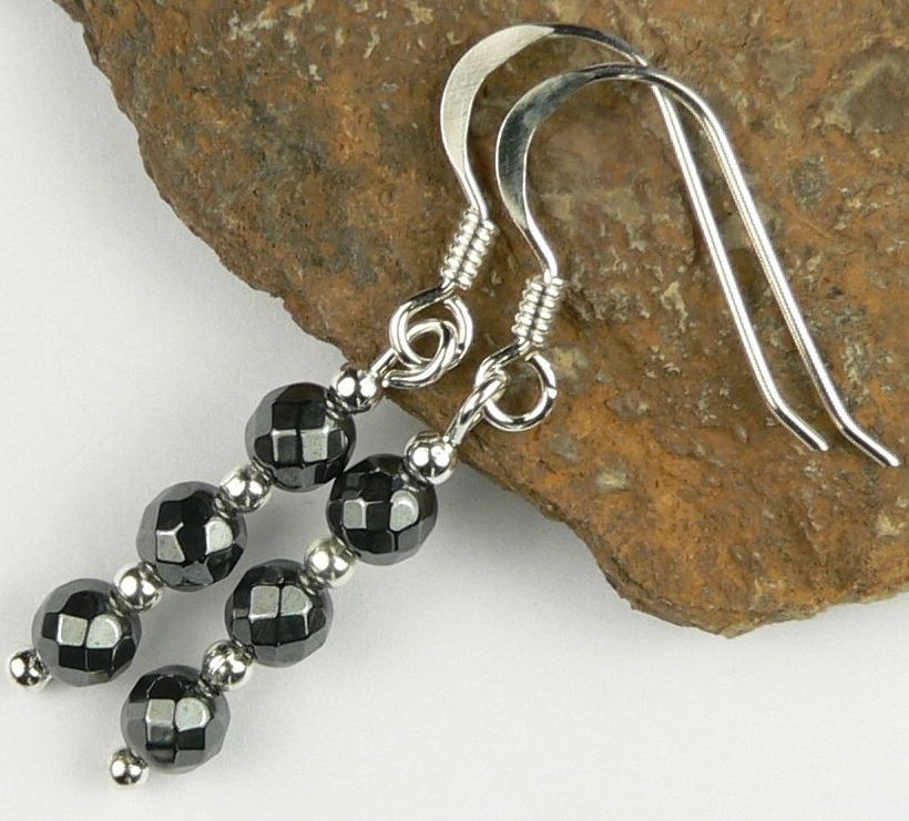 Sterling silver & 4mm (+/-) faceted Hematite semi-precious stone drop earrings, in a gift box