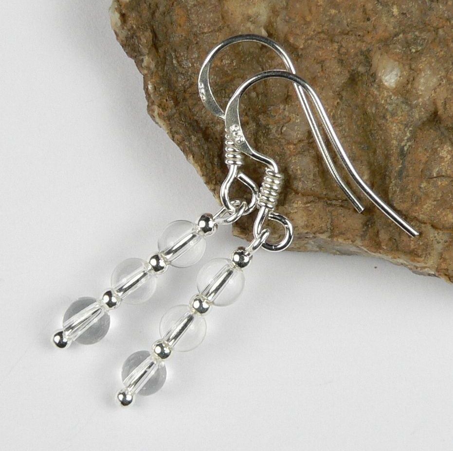 Sterling silver & 4mm (+/-) Rock Crystal semi-precious stone drop earrings, in a gift box