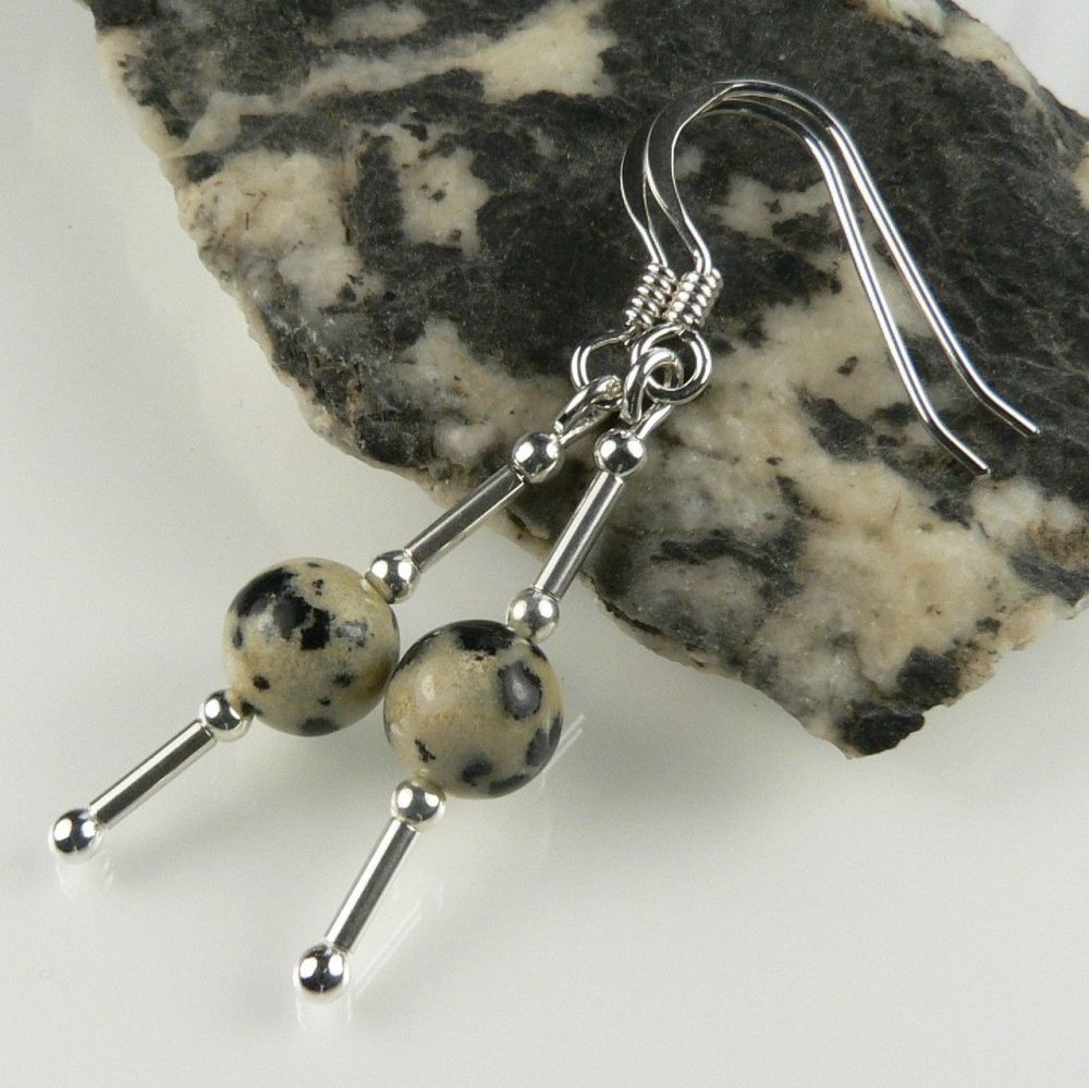 Sterling silver & 6mm (+/-) Dalmatian Jasper semi-precious stone drop earrings, in a gift box (2M)