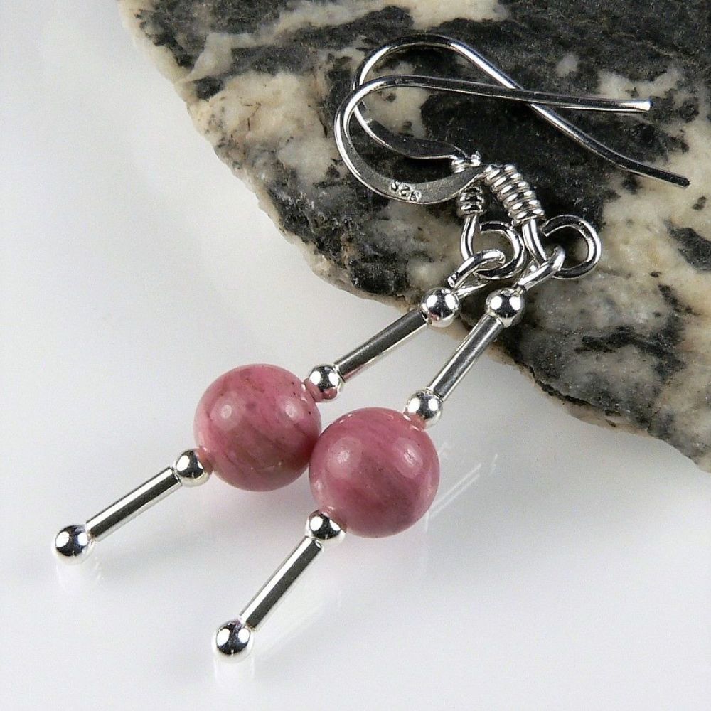 Sterling silver & 6mm (+/-) Rose Jasper semi-precious stone drop earrings, in a gift box (2M)