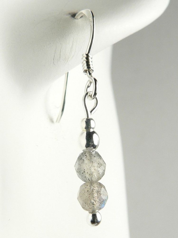 Sterling silver & 4mm (+/-) faceted Labradorite semi-precious stone drop earrings, in a gift box