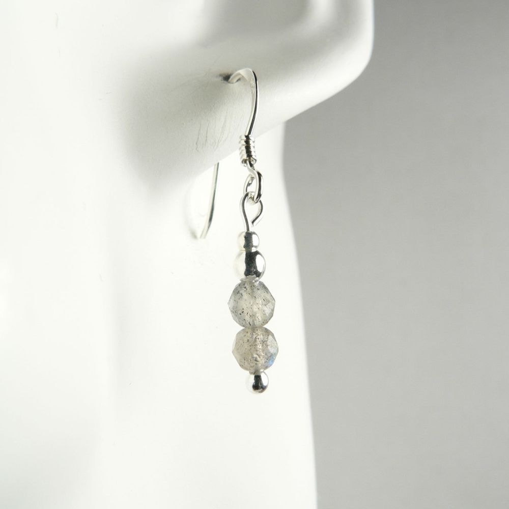 Sterling silver & 4mm (+/-) faceted Labradorite semi-precious stone drop earrings, in a gift box