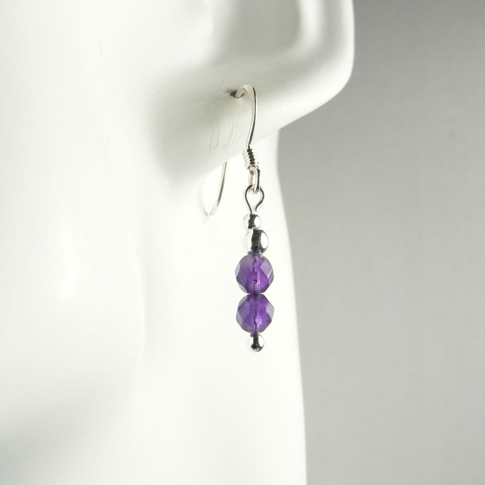 Sterling silver & 4mm (+/-) faceted Amethyst semi-precious stone drop earrings, in a gift box