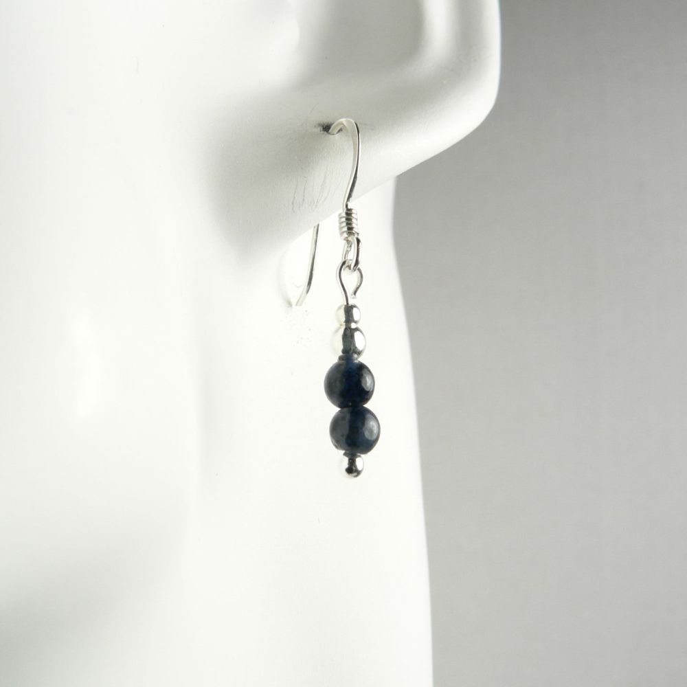 Sterling silver & 4mm (+/-) Dumortierite semi-precious stone drop earrings, in a gift box