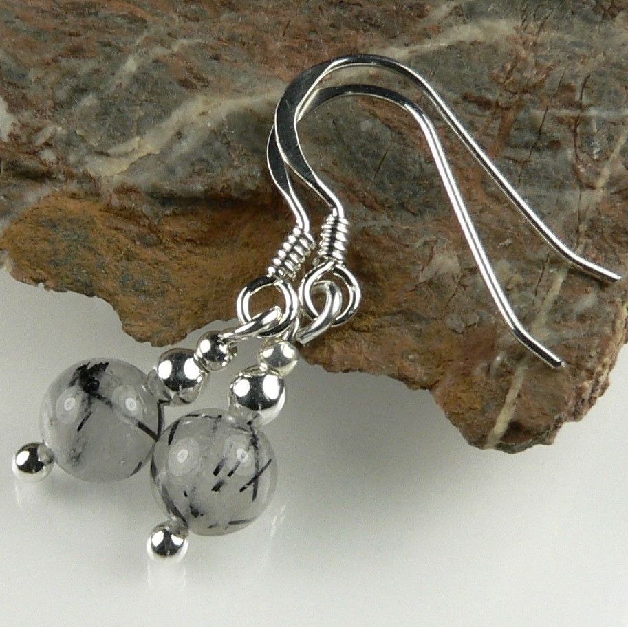 Colourless white black Tourmalinated Quartz earrings