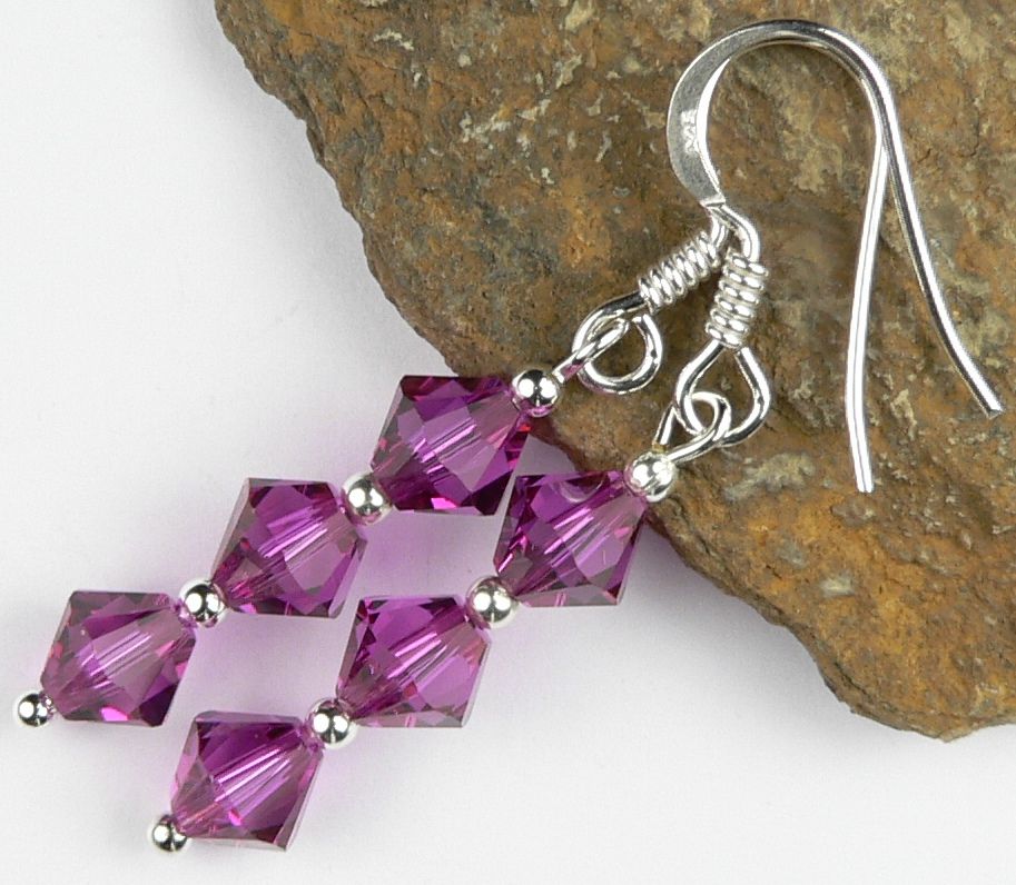 Sterling silver earrings made with 6mm bicone Swarovski Elements in a gift box - Fuchsia (pink-ish purple-ish)