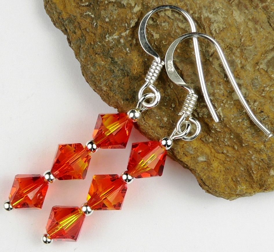 Sterling silver earrings made with 6mm bicone Swarovski Elements in a gift box - Fire Opal (orange-ish)