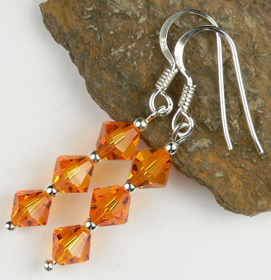 Sterling silver earrings made with 6mm bicone Swarovski Elements in a gift box - Sun (orange)