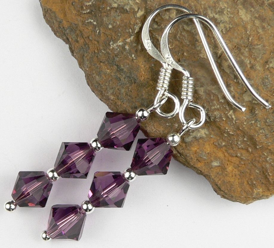 Sterling silver earrings made with 6mm bicone Swarovski Elements in a gift box - Amethyst (purple)