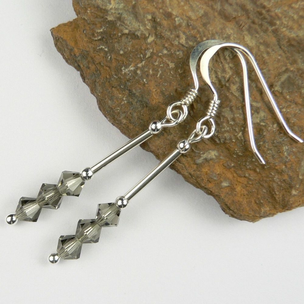 Sterling silver bicone Preciosa crystal earrings, in a gift box - glass beads 4mm (+/-) in Black Diamond