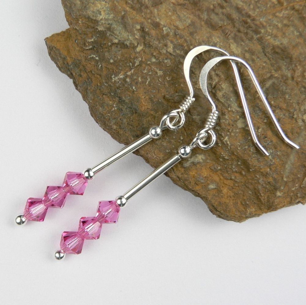 Sterling silver bicone Preciosa crystal earrings, in a gift box - glass beads 4mm (+/-) in Rose