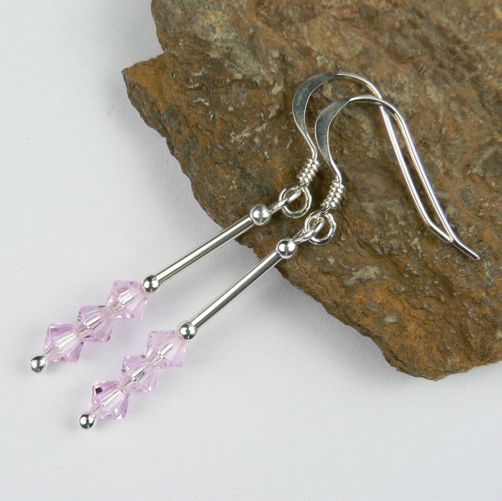 Sterling silver bicone Preciosa crystal earrings, in a gift box - glass beads 4mm (+/-) in Pink Sapphire